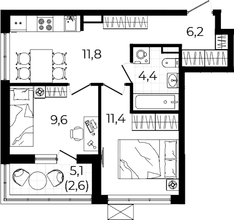 2-комнатная квартира 46 м², 8/12 эт., ЖК «А101 Всеволожск»